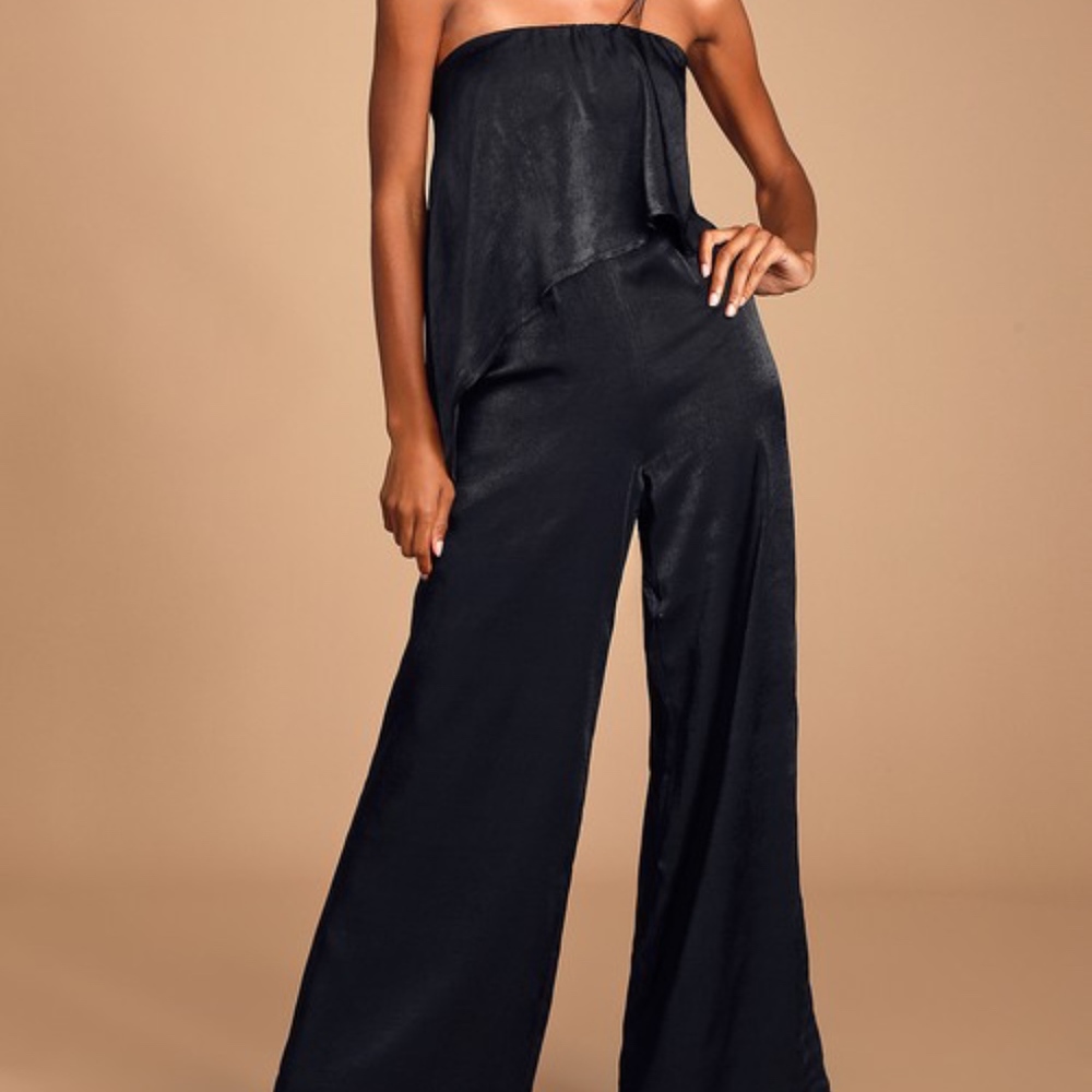 Lulu's Black Satin Wide Leg Jumpsuit NWT